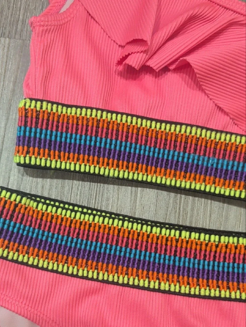 Betsey Johnson Hot Pink One-Shoulder Ruffle Bikini with Multicolor Smocked Bands